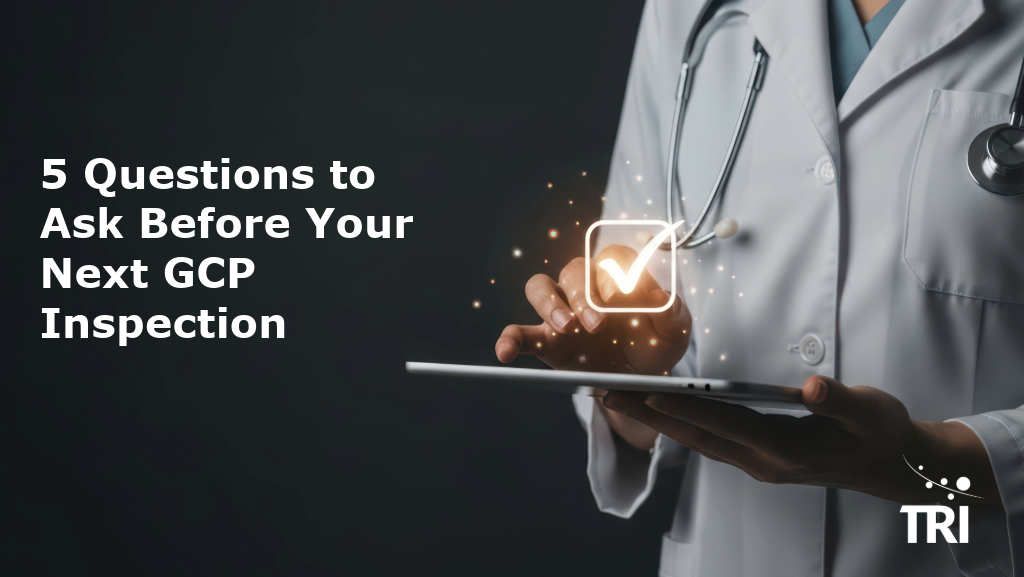 Healthcare professional using a tablet and digital checkmark interface beside the headline, “Generic GCP training is Costing You More Than You Think,” with TRI branding.