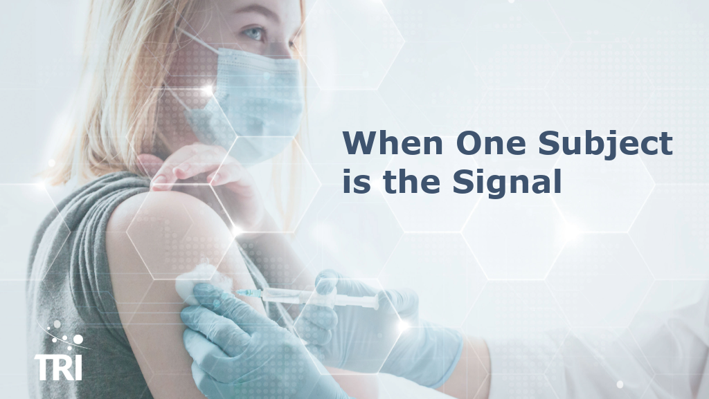 Person receiving a vaccination or injection with healthcare-themed digital graphics and the headline, “When One Subject is the Signal,” alongside TRI branding.