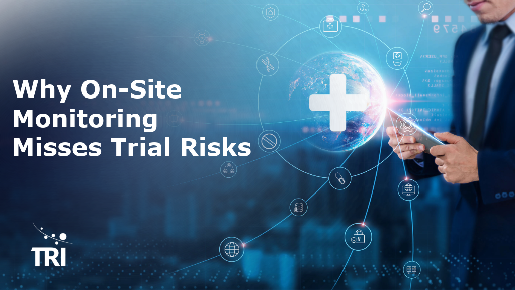 Rachel Penn Auto You said: Alt text fopr this image please Copilot said: Alt text: Healthcare technology graphic showing the message “Why On-Site Monitoring Misses Trial Risks” alongside a globe with medical and clinical research icons, and a professional using a tablet against a blue digital healthcare background.