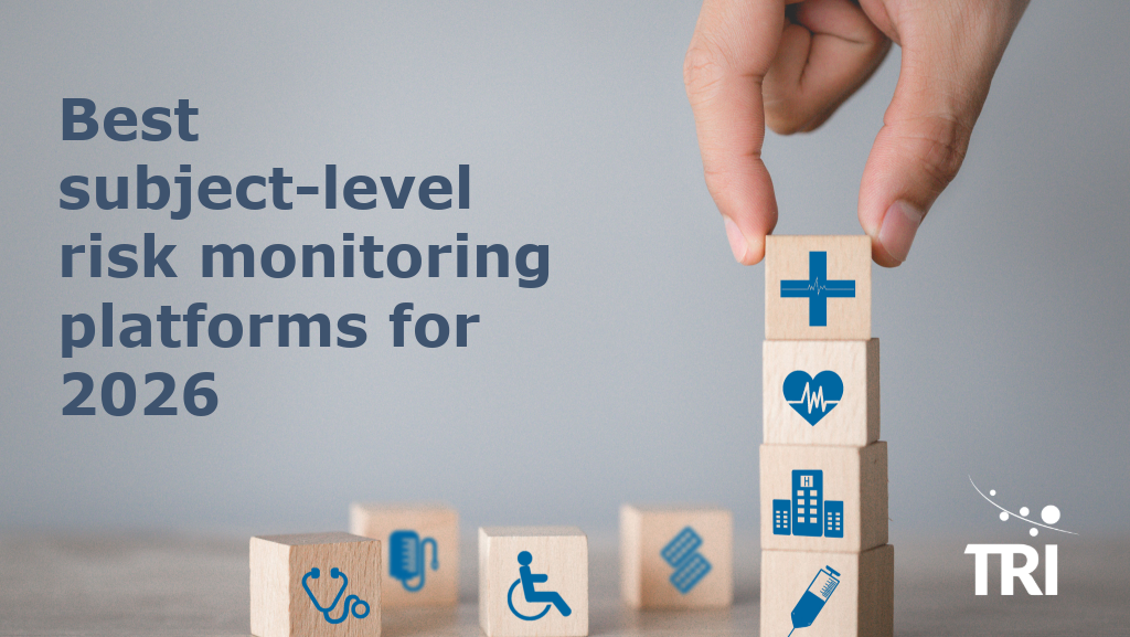 Best subject-level risk monitoring platforms for 2026 illustrated with healthcare and clinical trial monitoring icons stacked on wooden blocks.